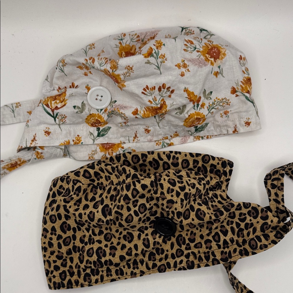 Scrub Caps with Buttons fall colors and cheetah print